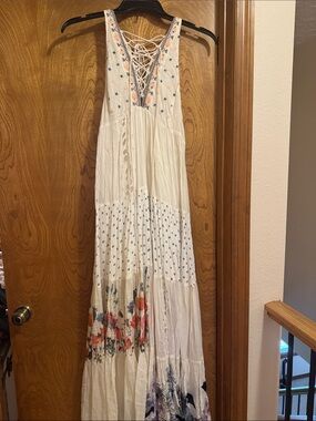 Free People Boho Ivory Eyelet Floral Maxi Dress Lace Up Front and Back Bodice